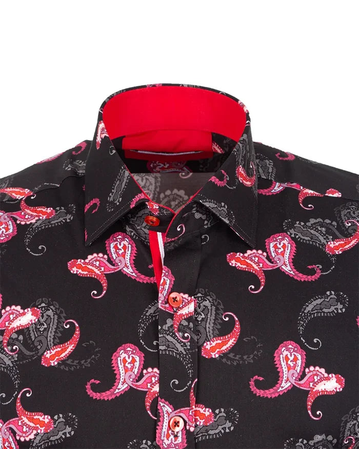 Black & Red Paisley Print Shirt with Matching Handkerchief