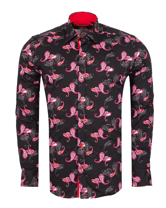 Black shirt with pink octopus pattern on a white background