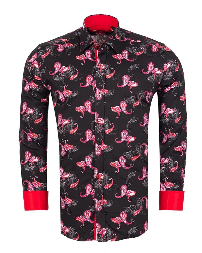 Black & Red Paisley Print Shirt with Matching Handkerchief