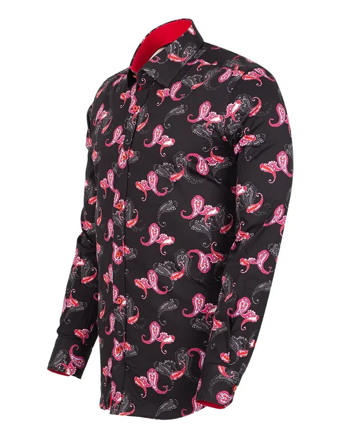 Black & Red Paisley Print Shirt with Matching Handkerchief