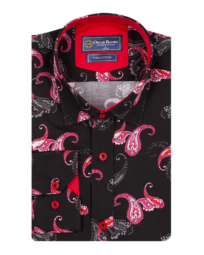 Black & Red Paisley Print Shirt with Matching Handkerchief