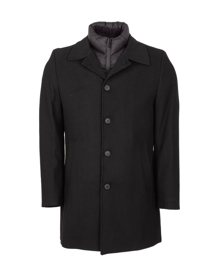 Black Single-Breasted Overcoat with Removable Quilted Inner Layer-Makrom