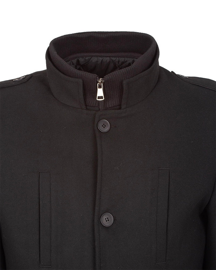 Black Single-Breasted Overcoat with Removable Quilted Inner Layer-Makrom