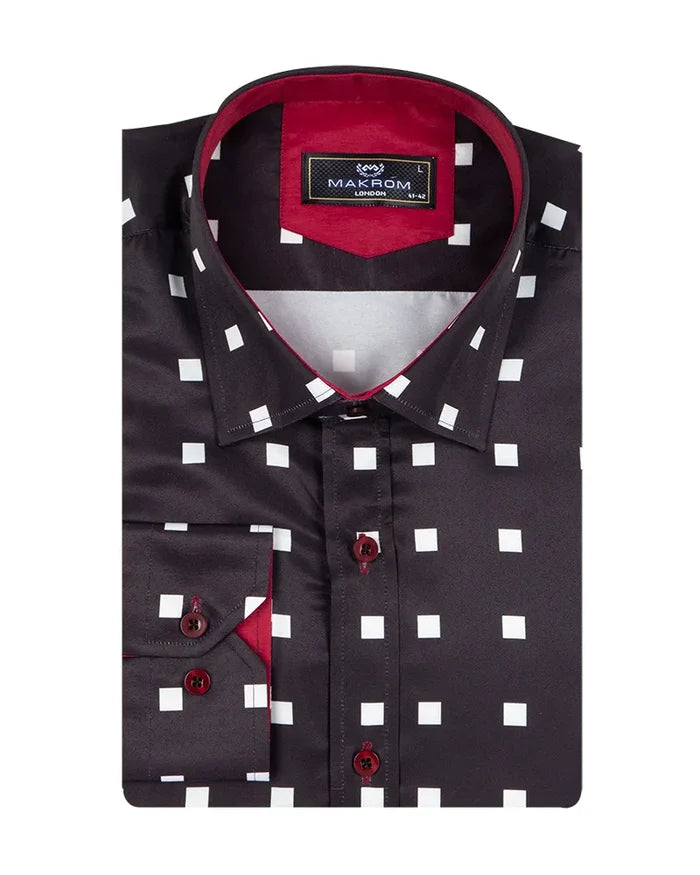 Black Square Print Long Sleeve Shirt-Makrom