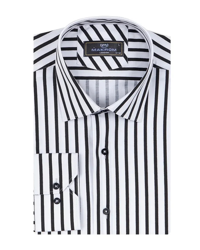 Black Stripe Print Long Sleeve Shirt-Makrom