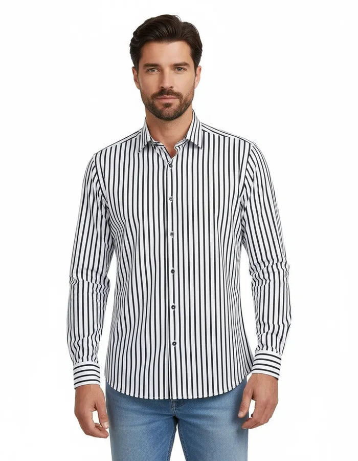 Black Stripe Print Long Sleeve Shirt-Makrom