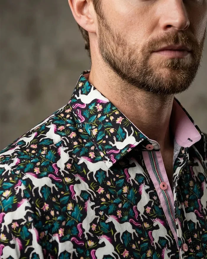 Black Vibrant Unicorn and Floral Print Print with Matching Handkerchief