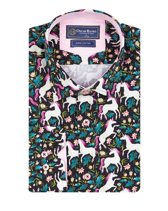 Black Vibrant Unicorn and Floral Print Print with Matching Handkerchief-Makrom