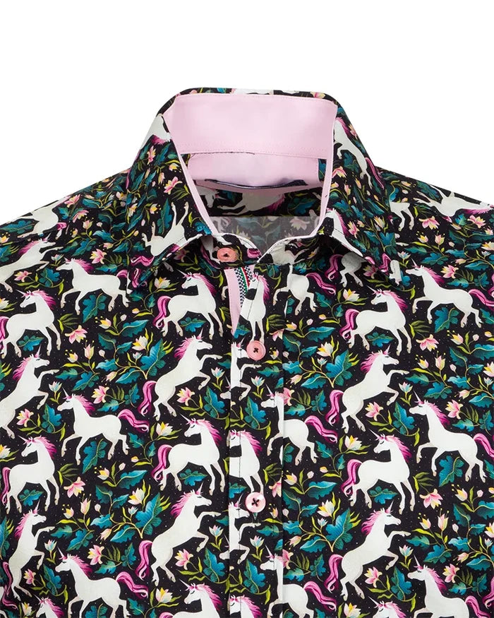 Black Vibrant Unicorn and Floral Print Print with Matching Handkerchief-Makrom