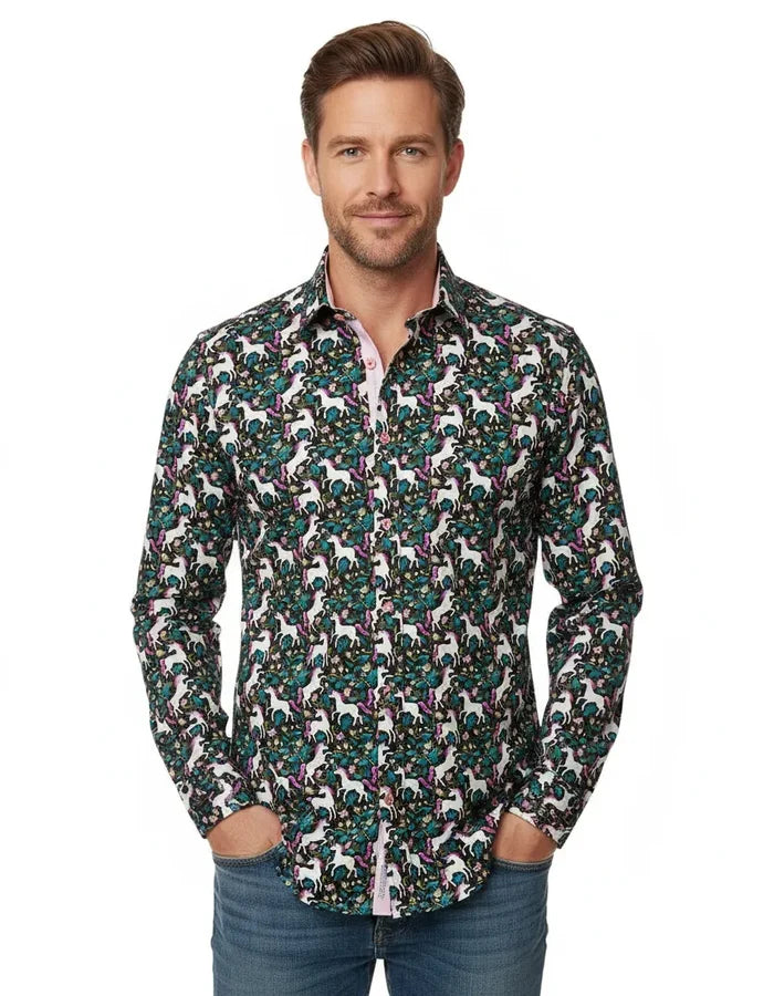 Black Vibrant Unicorn and Floral Print Print with Matching Handkerchief-Makrom