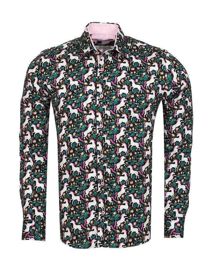 Black Vibrant Unicorn and Floral Print Print with Matching Handkerchief-Makrom