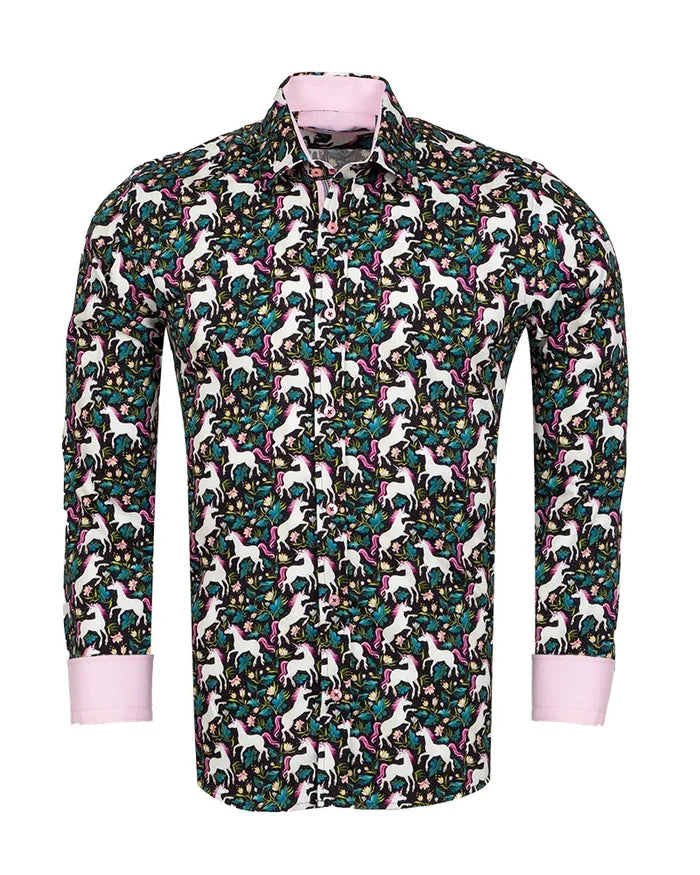Black Vibrant Unicorn and Floral Print Print with Matching Handkerchief-Makrom