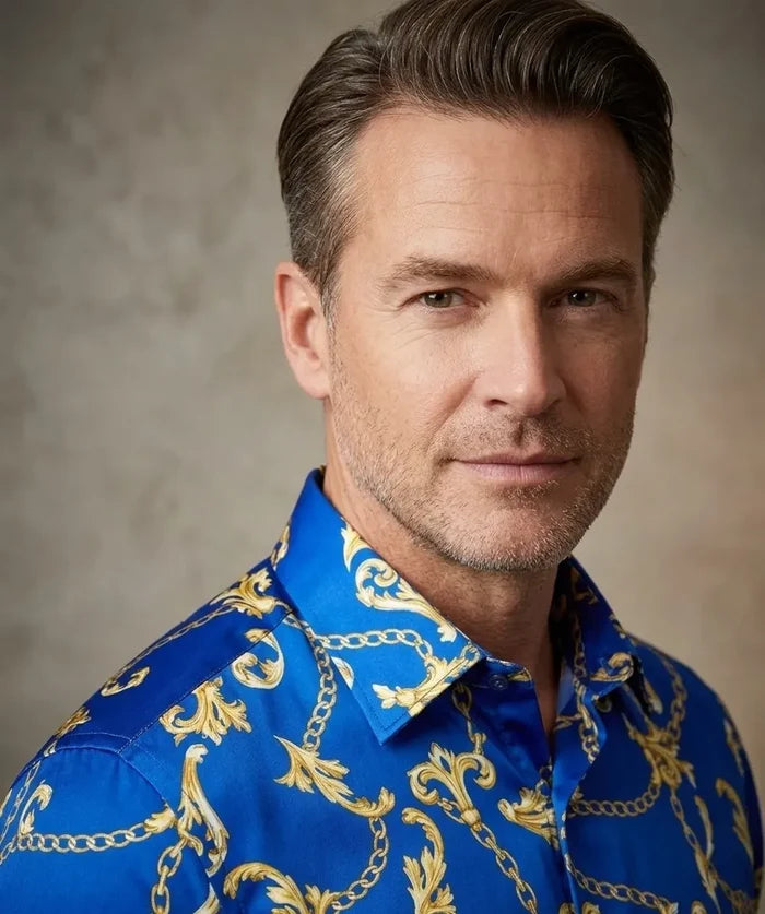 Blue Baroque Chain & Paisley Print Men`s Shirt