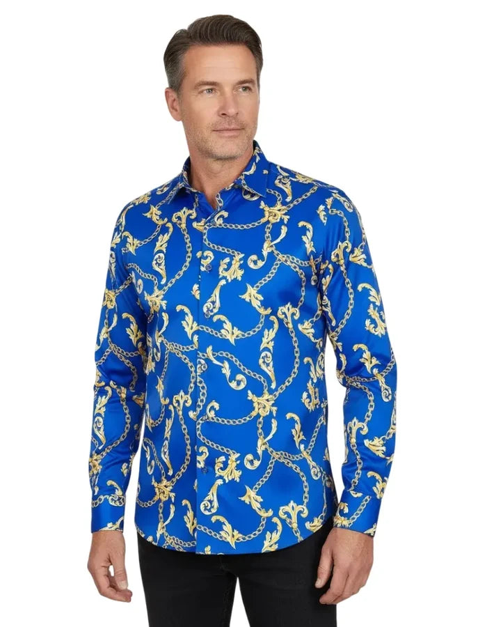 Blue Baroque Chain & Paisley Print Men`s Shirt-Makrom