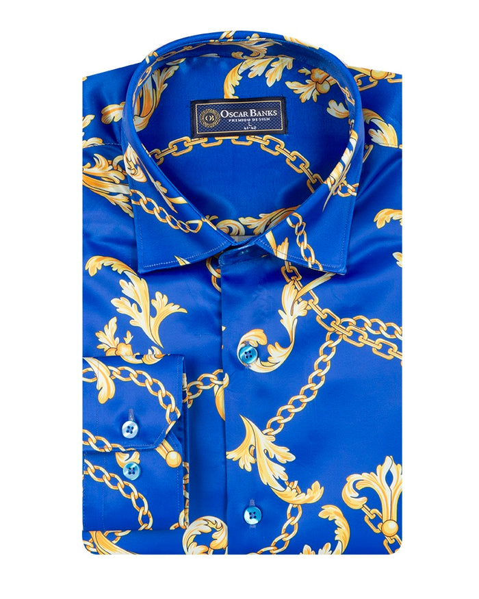Blue Baroque Chain & Paisley Print Men`s Shirt-Makrom