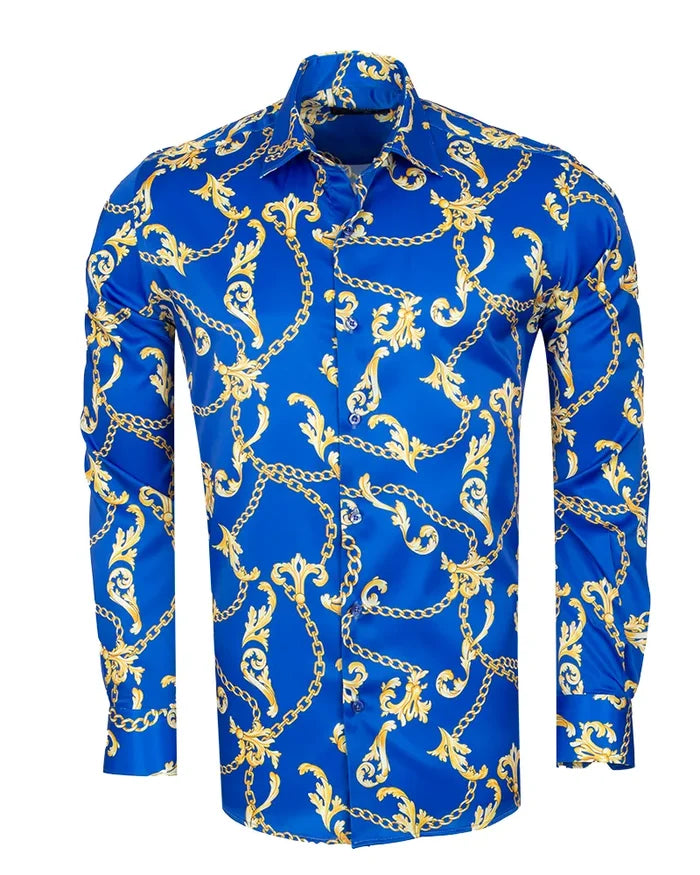 Blue Baroque Chain & Paisley Print Men`s Shirt-Makrom