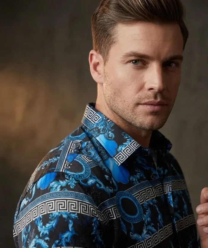 Blue Baroque Roman Ornament Paisley Print Men`s Shirt