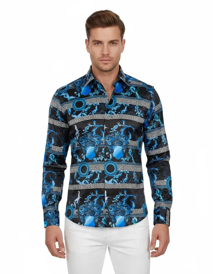 Blue Baroque Roman Ornament Paisley Print Men`s Shirt-Makrom