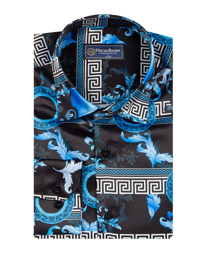 Blue Baroque Roman Ornament Paisley Print Men`s Shirt-Makrom