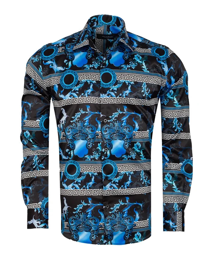 Blue Baroque Roman Ornament Paisley Print Men`s Shirt-Makrom