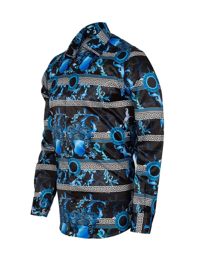 Blue Baroque Roman Ornament Paisley Print Men`s Shirt-Makrom