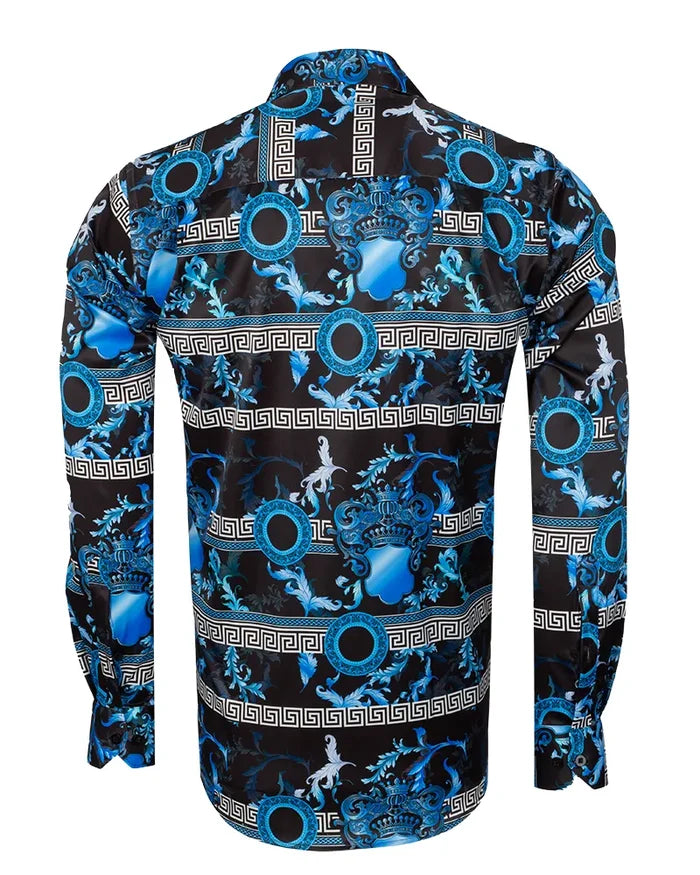 Blue Baroque Roman Ornament Paisley Print Men`s Shirt-Makrom