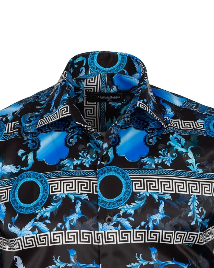 Blue Baroque Roman Ornament Paisley Print Men`s Shirt-Makrom