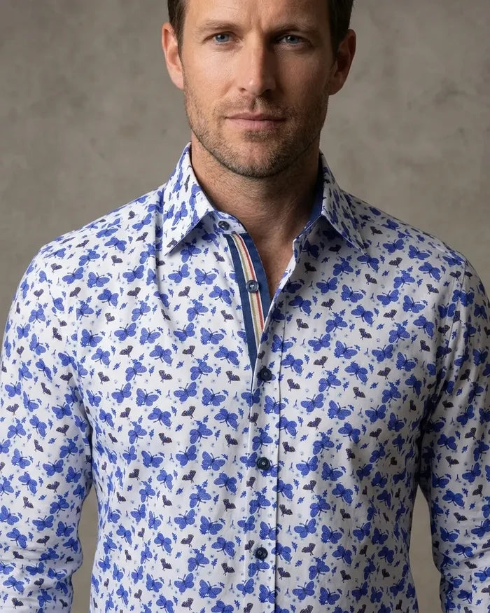 Blue Butterfly Print Shirt with Matching Handkerchief-Makrom