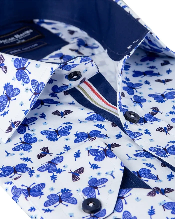 Blue Butterfly Print Shirt with Matching Handkerchief-Makrom