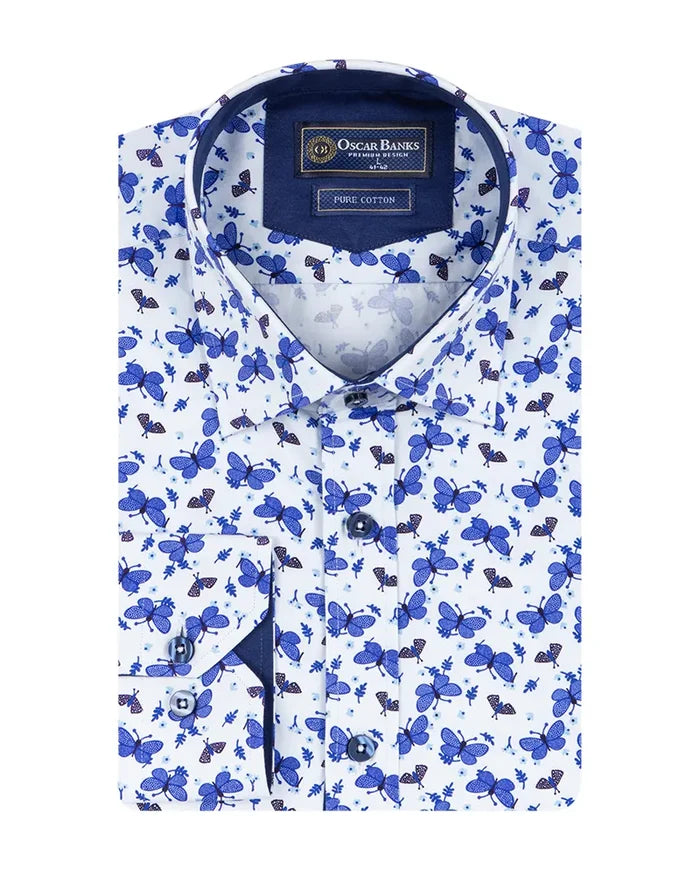 Blue Butterfly Print Shirt with Matching Handkerchief-Makrom