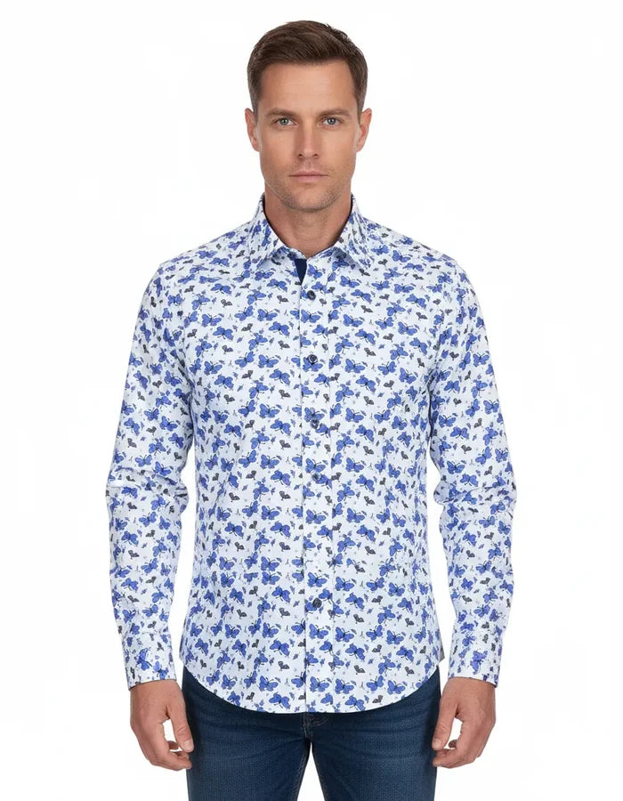 Blue Butterfly Print Shirt with Matching Handkerchief-Makrom
