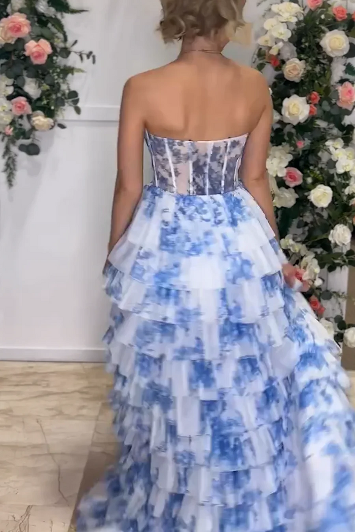Blue Floral Prom Dress 2025 Tiered Skirt
