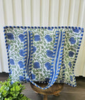 blue floral quilted tote bag
