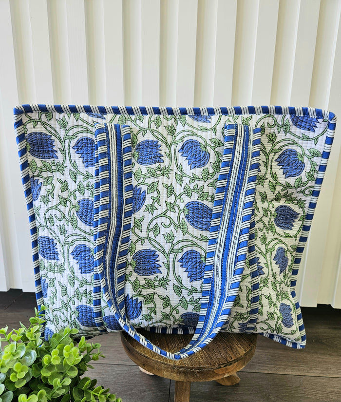 blue floral quilted tote bag