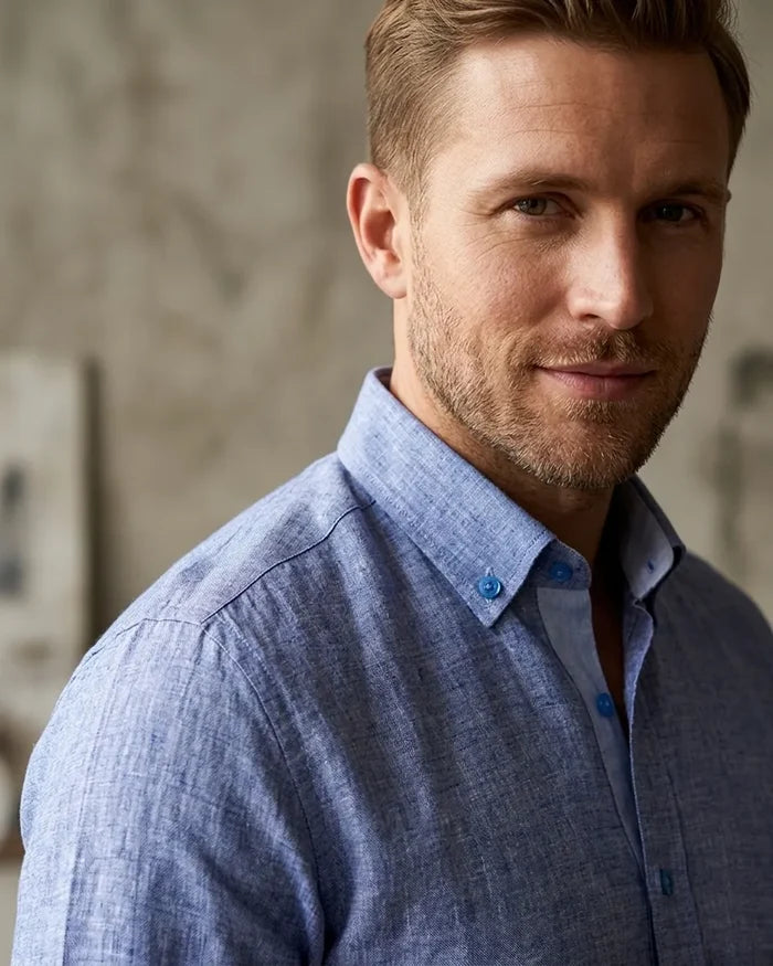 Blue Linen Long Sleeve Shirt with Matching Handkechief