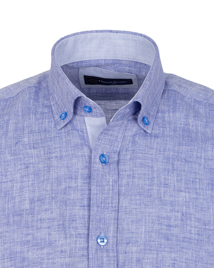 Blue Linen Long Sleeve Shirt with Matching Handkechief-Makrom