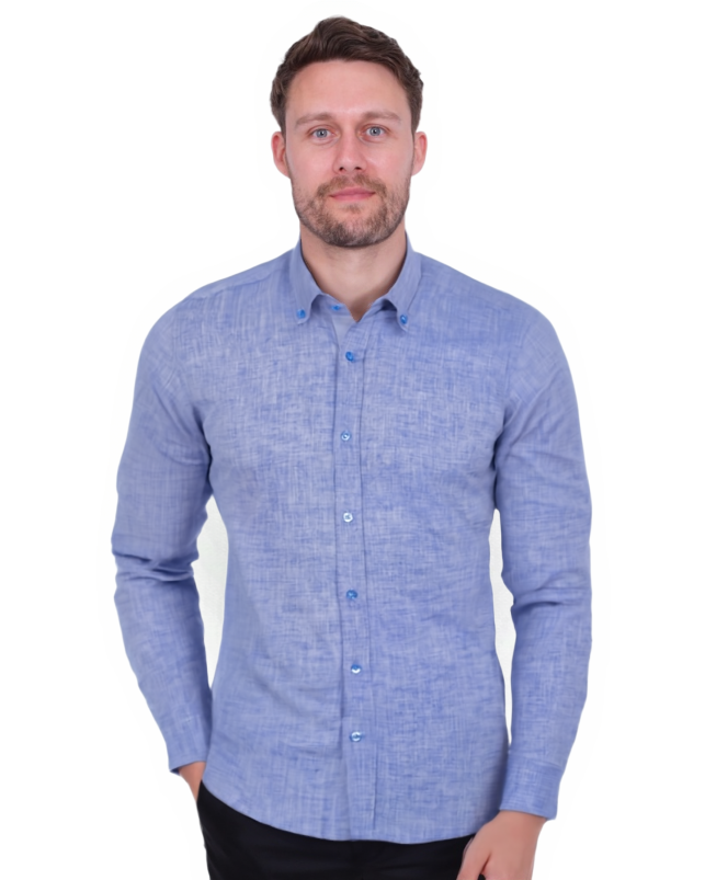 Blue Linen Long Sleeve Shirt with Matching Handkechief-Makrom