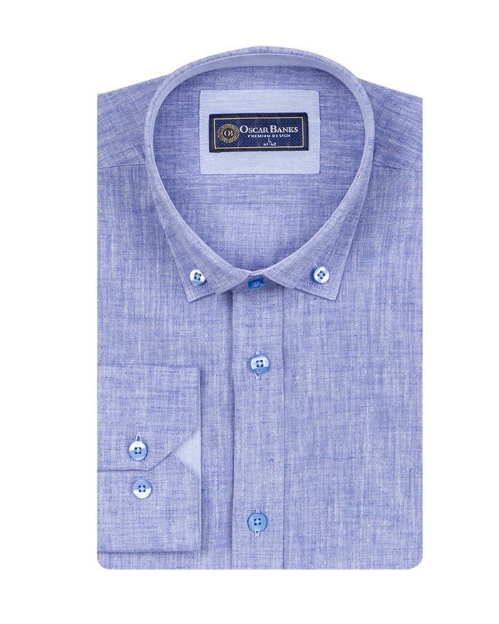Blue Linen Long Sleeve Shirt with Matching Handkechief-Makrom