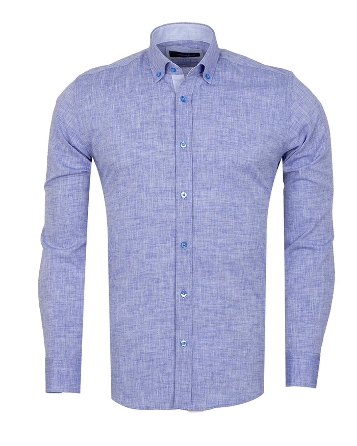 Blue Linen Long Sleeve Shirt with Matching Handkechief-Makrom
