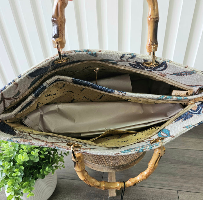 Open bag with compartments.