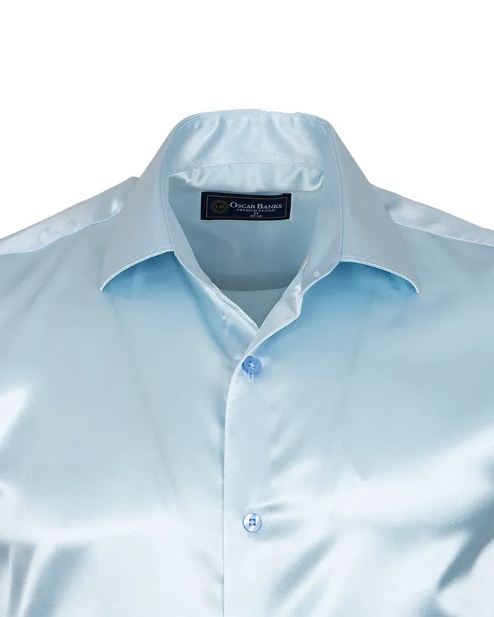 Blue Shiny Plain Satin Classic Men’s Shirt-Makrom