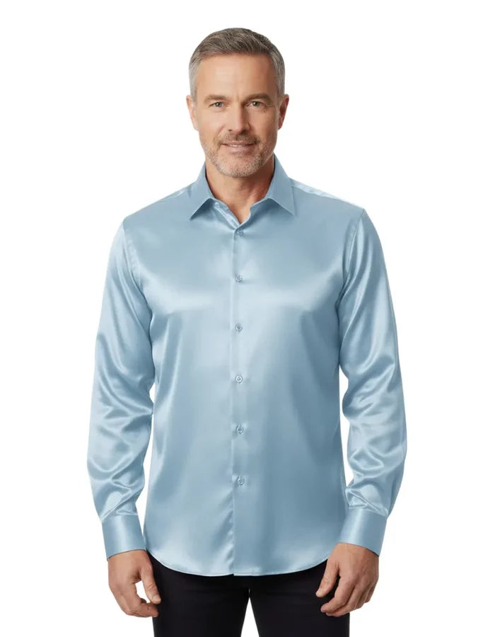 Blue Shiny Plain Satin Classic Men’s Shirt-Makrom