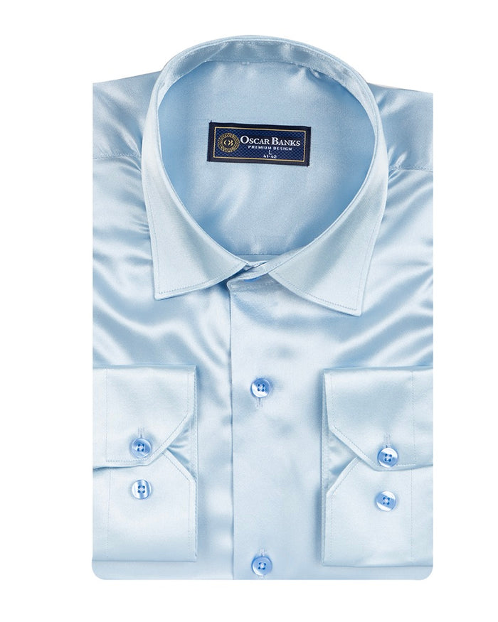 Blue Shiny Plain Satin Classic Men’s Shirt-Makrom