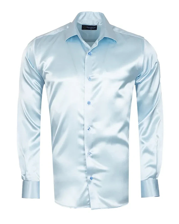 Blue Shiny Plain Satin Classic Men’s Shirt-Makrom