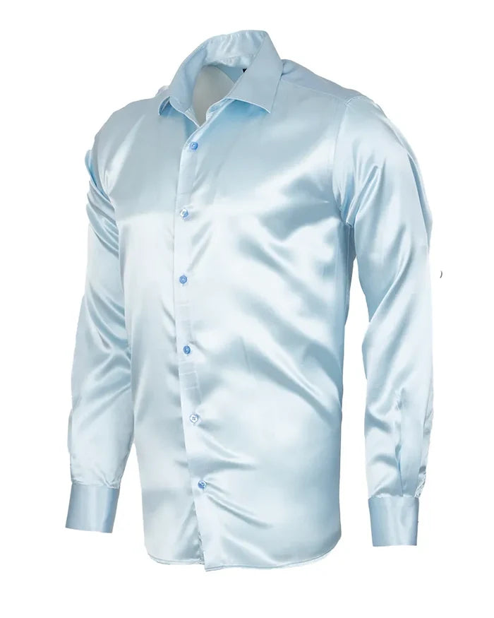 Blue Shiny Plain Satin Classic Men’s Shirt-Makrom