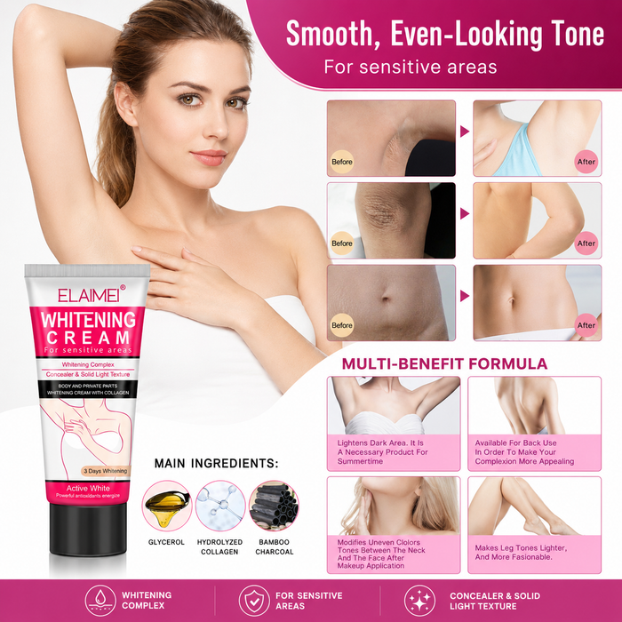 Skin whitening cream for sensitive area in 60ml tube, designed for cosmetic body tone care and smooth application routine use