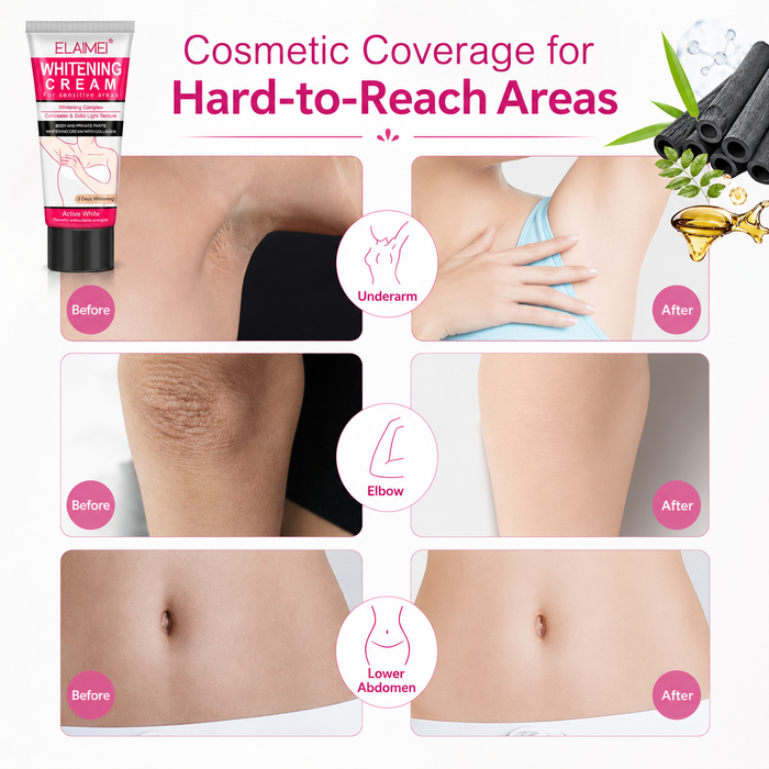 Whitening body cream for adult external use, displayed as front and back tube packaging with simple beauty care design photo.