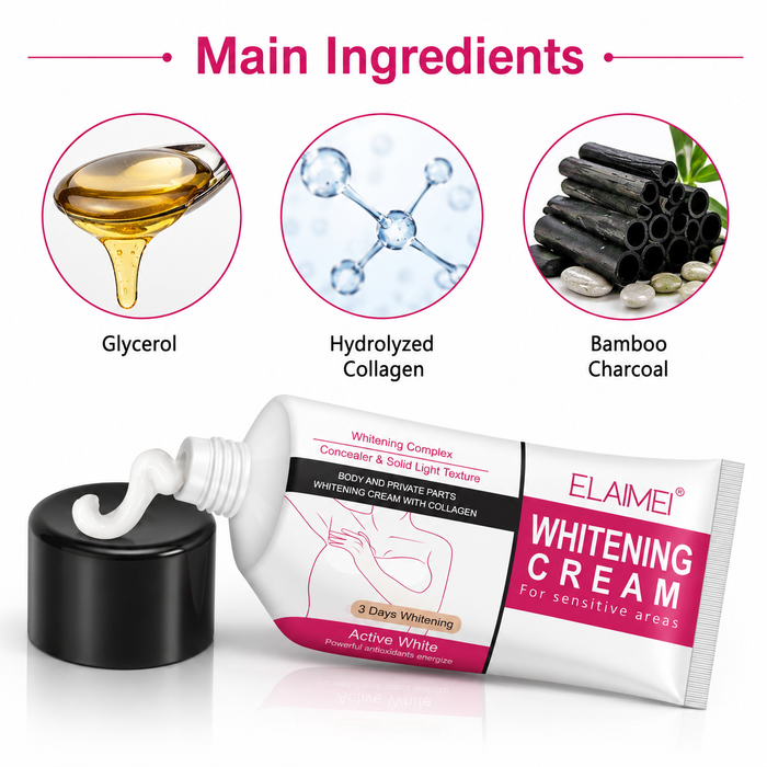 Sensitive areas whitening cream product photo with white tube, pink label and clear 60ml cosmetic skincare packaging care use