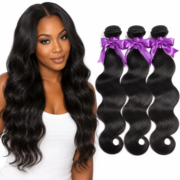 Body wave human hair bundles in natural black, with consistent waves, full ends, and smooth root-to-tip movement for styling.