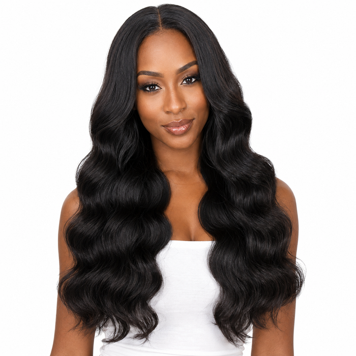 Real human hair body wave bundles displayed in natural black with flowing texture and lengths, available from 8 to 30 inches.
